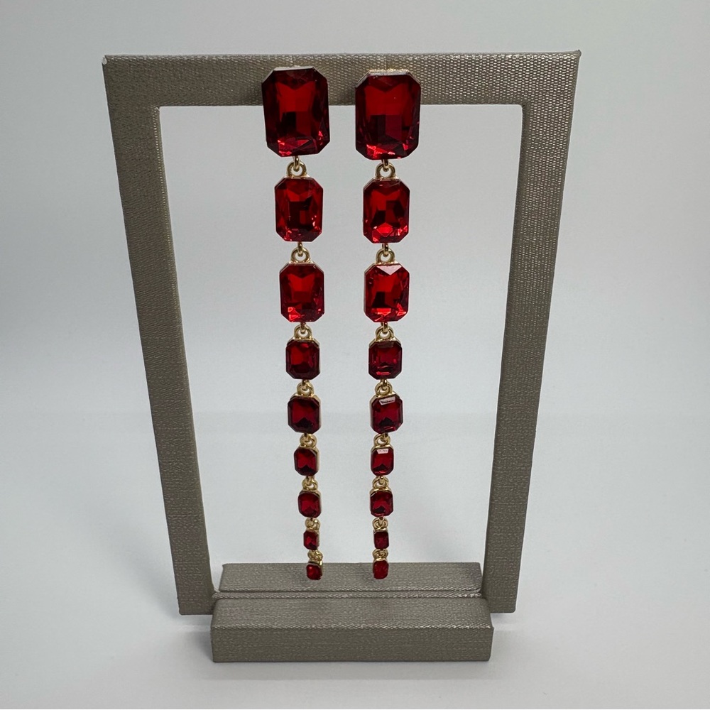 Long Red Crystal Rhinestone Dangle Earrings in Gold Tone, Brand New
